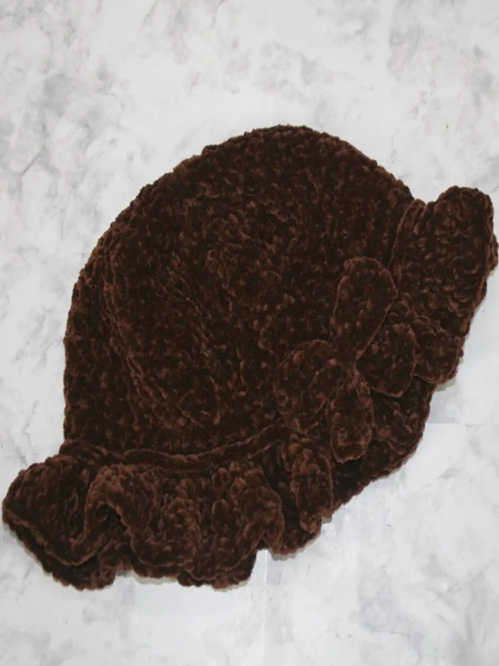 HAND CRAFTED Hat Crochet Bucket Chenille Winter Full Ruffle Brown Wide Brim